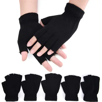 1 пара черных перчаток без пальцев на полпальца для женщин и мужчин, шерстяные Вязаные хлопчатобумажные перчатки на запястье, Зимние Теплые Перчатки для тренировок