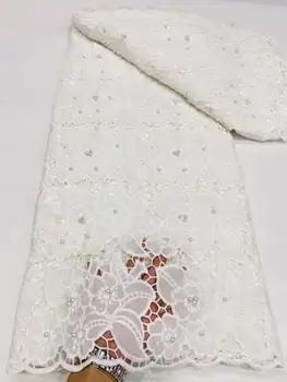 БЕЛАЯ африканская кружевная ткань 2023, высококачественная кружевная ткань из молочного шелка, Лазерный шифон, расшитый бисером, Нигерийская кружевная ткань для вечеринки, свадьбы