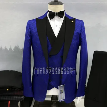 Мужские костюмы с цветочным принтом, 3 предмета, приталенный Королевский синий блейзер для жениха, жилет, брюки, роскошный пиджак для выпускного вечера, Свадебные смокинги для мужчин