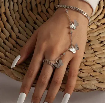 Новый Модный браслет-цепочка с подвеской-бабочкой для женщин, браслеты с кольцами на палец в стиле Готический панк, трендовые эстетические украшения