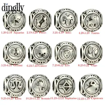 DINGLLY 2 шт./лот, круглые бусины с 12 созвездиями, серебряный цвет, шарм, браслет 