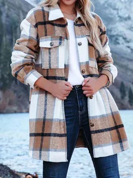 2023 Осенняя Длинная куртка в клетку, женское зимнее пальто на пуговицах, женская верхняя рубашка, теплая плотная рубашка в клетку, куртка, пальто, женское