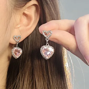 Корейские модные серьги-капли с кристаллами циркона в виде розового сердца для женщин, шикарные эстетические ювелирные изделия, Свадебные аксессуары, ожерелье-подвеска