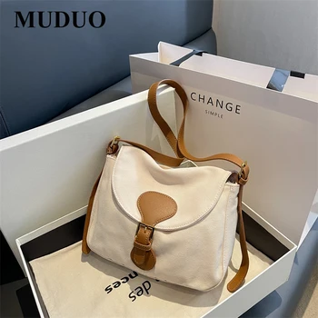 Женская сумка для покупок большой емкости MUDUO, женская ретро-холщовая сумка через плечо, контрастная по цвету сумка-мессенджер для леди, тканевая сумочка