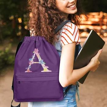 Фиолетовый женский рюкзак с 3D цветочным буквенным принтом, двойные сумки через плечо, женские дорожные сумки на шнурке, сумки для книг для девочек-подростков, сумка