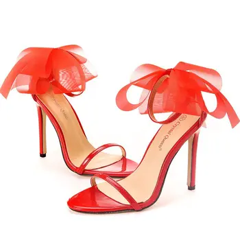 Женская обувь, сандалии, премиум-класса, ремешок с пряжкой-бабочкой, искусственная кожа, тонкие каблуки 11 см, круглая головка, большие размеры, современная женская обувь для вечеринок, красный