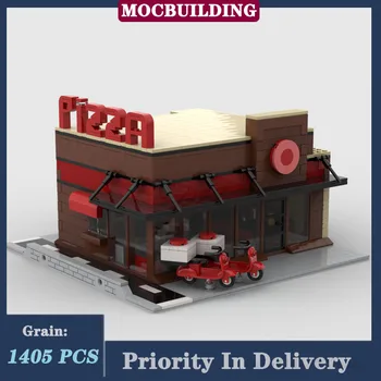 MOC City Модульная сборка здания для пиццы Строительные блоки Ресторан, продуктовый магазин, Вид с улицы, детские игрушки, подарок на день рождения