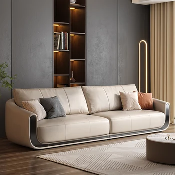 Итальянский минималистичный кожаный диван, гостиная, прямой ряд, высококлассный современный роскошный стиль, большая семейная вилла, новый диван 2022 года
