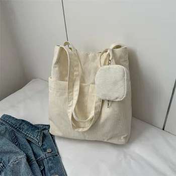 Вельветовая сумка через плечо, женские винтажные сумки для покупок, Студенческая сумка для девочек, сумки для книг, повседневная сумка-тоут с внешним карманом