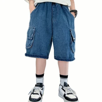 Короткие однотонные джинсы Boy Denim для мальчиков, повседневные детские джинсы, подростковая одежда для мальчиков 6, 8, 10, 12, 14 лет