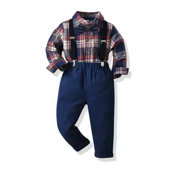 Детская одежда от 2 до 7 лет, хлопковая рубашка для маленьких мальчиков, темно-синие брюки, ремни на подтяжках, костюм в клетку с длинным рукавом