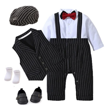 Официальная одежда, костюм для новорожденных мальчиков, черная шляпа + жилет + Ползунки + Обувь + носки, 6 предметов одежды, Хлопковый детский наряд на день рождения