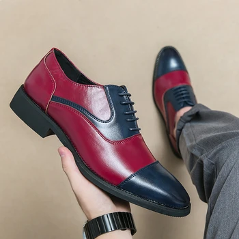 Мужская деловая обувь в цветном блоке с острым носком для карьеры, официальная, на шнуровке, красная, для вечеринки, Офисная, свадебная, с брогами, Классическая Кожаная обувь