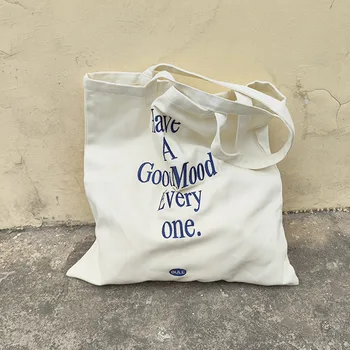 Женская холщовая сумка с вышивкой синими буквами, повседневная сумка для студенческих книг для девочек, женская сумка для покупок большой емкости