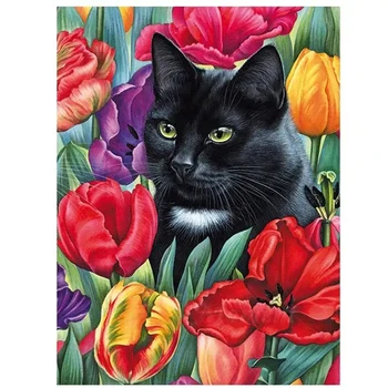Алмазная картина с животными, Черная кошка, сделай САМ, Алмазная вышивка, Декорации, мозаика с тюльпановым узором, полный квадратный/круглый бриллиант, подарок для домашнего декора