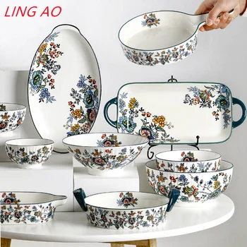 Новая китайская посуда LingAo, керамическая глазурь цвета ретро, миска для риса, глубокая тарелка, бамбуковая миска для супа, круглый противень, двухухий ба