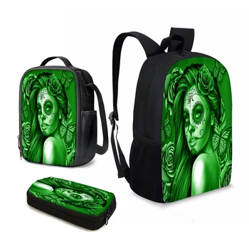 Популярный прочный брендовый рюкзак YIKELUO Green Candy Skull Girl, удобный рюкзак с регулируемым ремнем и изолированной сумкой для ланча на молнии