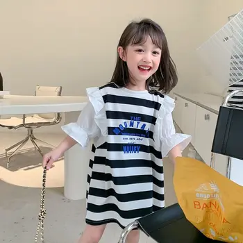 Платья для девочек для детей Лето 2023 Новая кружевная футболка в полоску с коротким рукавом Платье принцессы Модная Корейская детская одежда для маленьких девочек