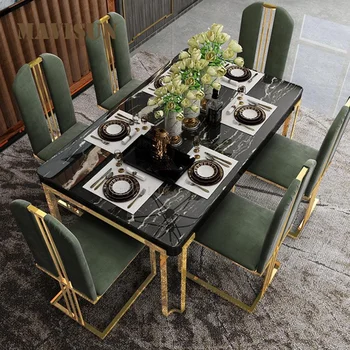 Легкий роскошный обеденный набор, 6 стульев с современным мраморным столом для большой квартиры, мебель для дома, кухонный стол для ресторана высокого класса