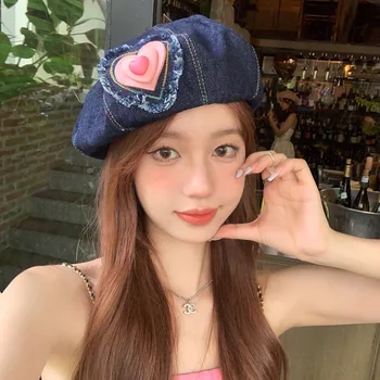 Милая розовая женская шапка-берет Love в стиле Ретро, Ковбойская кепка Demin JK в корейском стиле с сердечками, восьмиугольные шляпы для художников