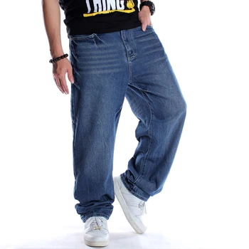 Синие мешковатые джинсы для мужчин, широкие Свободные уличные брюки в стиле хип-хоп, джинсовые брюки для скейтборда, мужские брюки Плюс размер 30-46