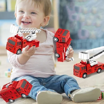 Новая детская мини-четырехместная автомобильная лестница для пожаротушения, игрушечная модель автомобиля из четырех частей.