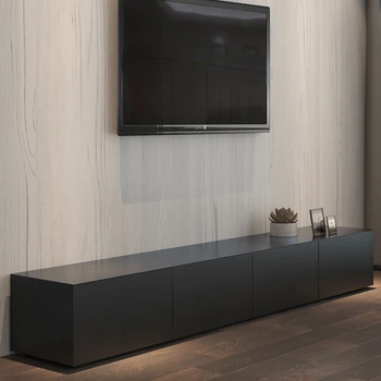 Современный минималистский шкаф для телевизора в сочетании с тумбой для телевизора из черного дуба в гостиной