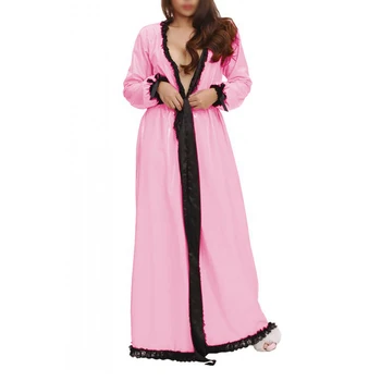 Сексуальная женская блестящая Длинная ночная рубашка из ПВХ, Черное кружевное белье, ночная рубашка, длинное платье, фантазийная пижама, халат, клубная одежда для вечеринок, S-7XL