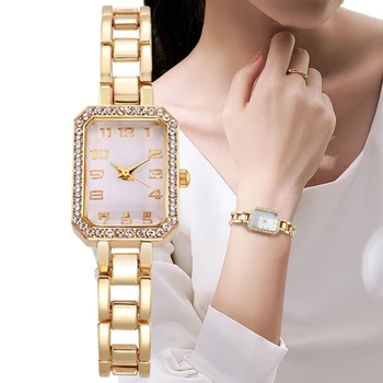 Роскошные женские часы 2023 Новые простые Квадратные Цифровые кварцевые часы с бриллиантами, золотой браслет из нержавеющей стали, женские часы для платья