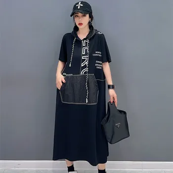 Платье с капюшоном в стиле пэчворк в стиле панк, Женские черные пуловеры, платье с нашивками, Летнее платье с коротким рукавом, Vestido de verano para mujer