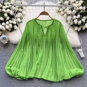 2023 Блузка с длинным рукавом-фонариком, женские Элегантные Свободные рубашки в складку, Женские летние Зеленые топы, женская одежда Mujer26754