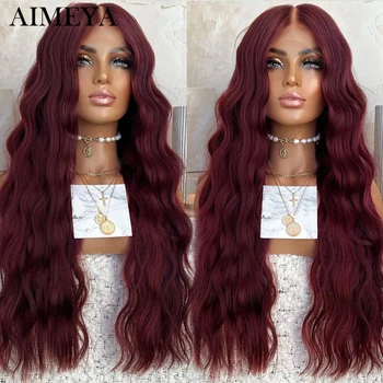 Синтетические кружевные парики AIMEYA для чернокожих женщин, кружевной парик спереди, Бордовый, Винно-красный, парики с натуральной волной, Бесклеевой Термостойкий парик для волос