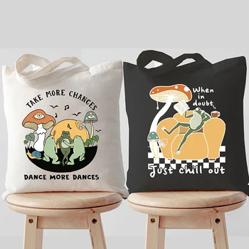 Сумка-тоут с мультяшной лягушкой, женские сумки для покупок с грибами, Танцуйте больше танцев, винтажная сумка через плечо с принтом Kawaii, женские сумки с животными