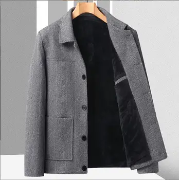 Осенне-зимнее шерстяное пальто, мужская деловая повседневная куртка с лацканами, короткая утолщенная шерстяная куртка среднего возраста, пальто