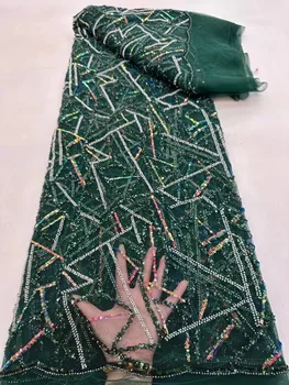 Зеленая кружевная ткань с африканскими блестками 5 ярдов, Франция 2023, Высококачественная 3D вышивка бисером, Нигерийская сетчатая кружевная ткань для выпускного платья