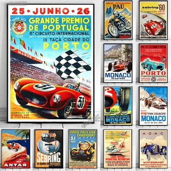 Винтажные постеры и принты для гоночных автомобилей, настенные рисунки, классические гоночные Гран-при, ретро-живопись на холсте для домашнего декора стен