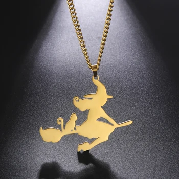 EUEAVAN Волшебное ожерелье с подвеской в виде силуэта кошки-летающей ведьмы, мультяшные ожерелья с милыми животными для женщин и девочек, трендовые украшения для колдовства