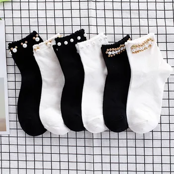 Черные/белые Корейские носки с жемчугом Reto, Женские эластичные хлопковые носки Meias ручной работы, креативные носки Harajuku Calcetines Mujer