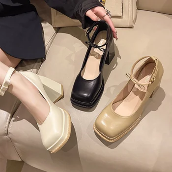 Высокие каблуки, Весна-осень 2023, модные женские туфли на платформе с квадратным носком на толстом каблуке, винтажные кожаные туфли Mary Jane во французском стиле.